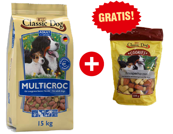 Classic Dog Multicroc 15kg + Classic Dog Cookies Knusperherzen 500g gratis - Setangebot